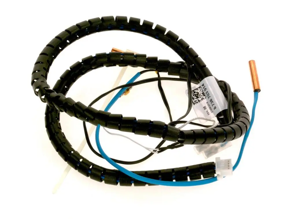 BOSCH Kabel mit mehreren isolierten Drähten, darunter ein Sensor und eine Kupferkomponente, in einem geschützten Spiral-Design.